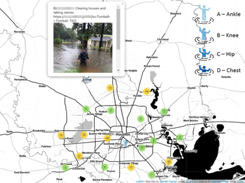 Überblick über die Hochwasserstärke für Hurrikan Harvey in Houston, USA 2017.
